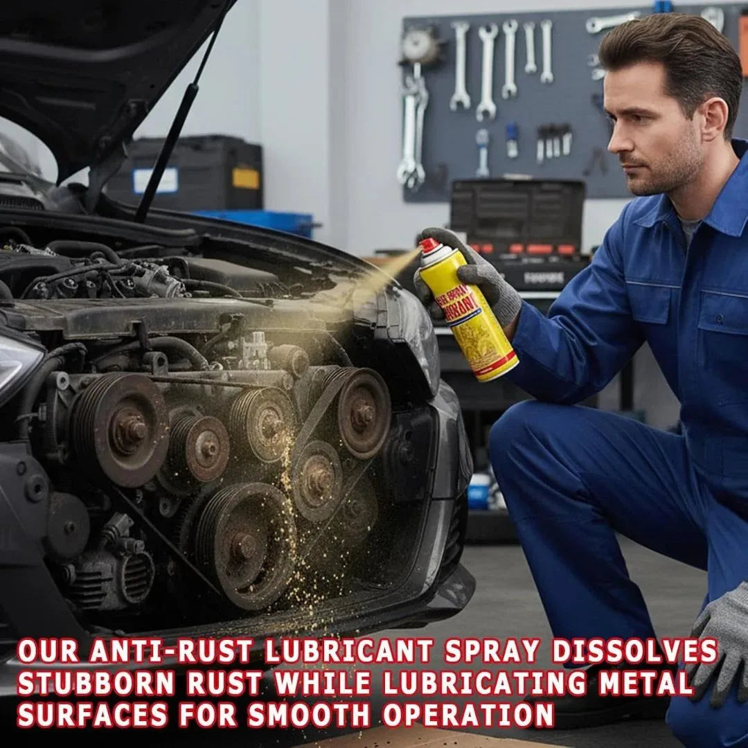 Spraying rust remover on corroded bolt